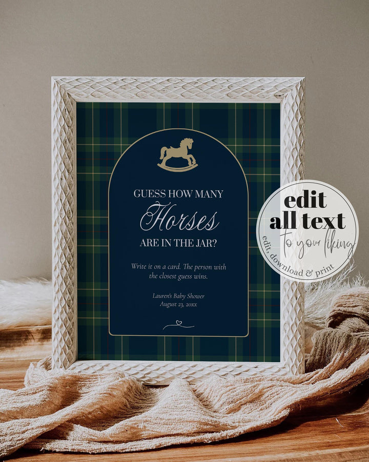 Polo Baby Shower Guess How Many Horses Game, Navy Green Gold Rocking Horse Sign and Card #068rl - TheLovebirdsDesign