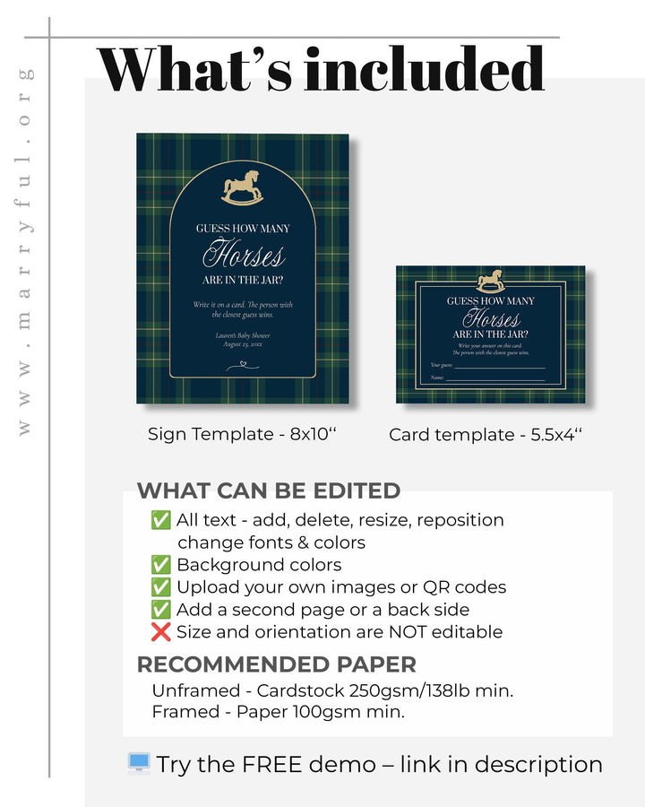 Polo Baby Shower Guess How Many Horses Game, Navy Green Gold Rocking Horse Sign and Card #068rl - TheLovebirdsDesign