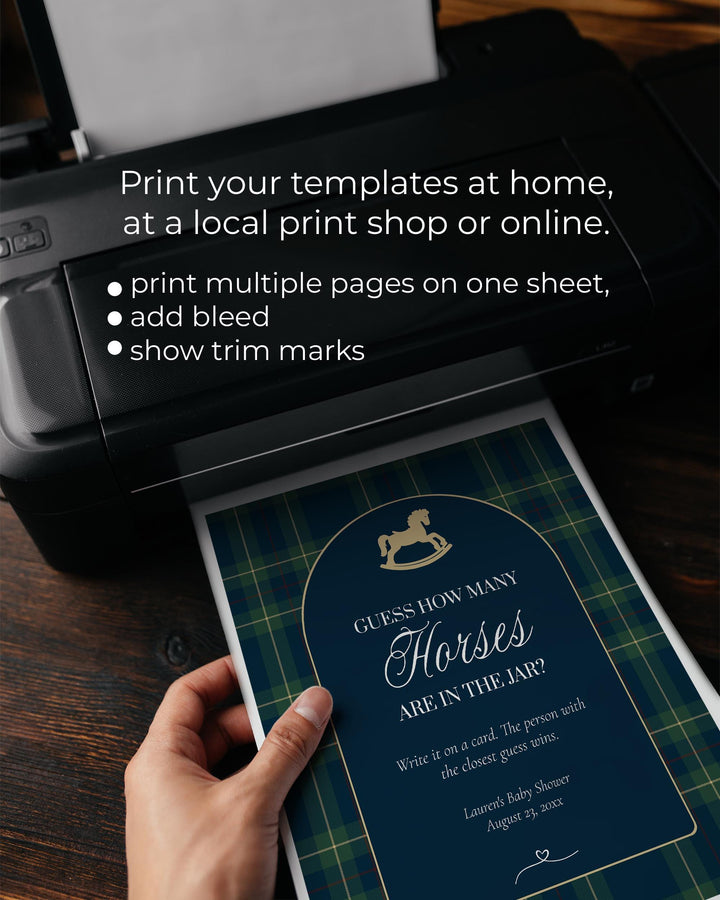 Polo Baby Shower Guess How Many Horses Game, Navy Green Gold Rocking Horse Sign and Card #068rl - TheLovebirdsDesign