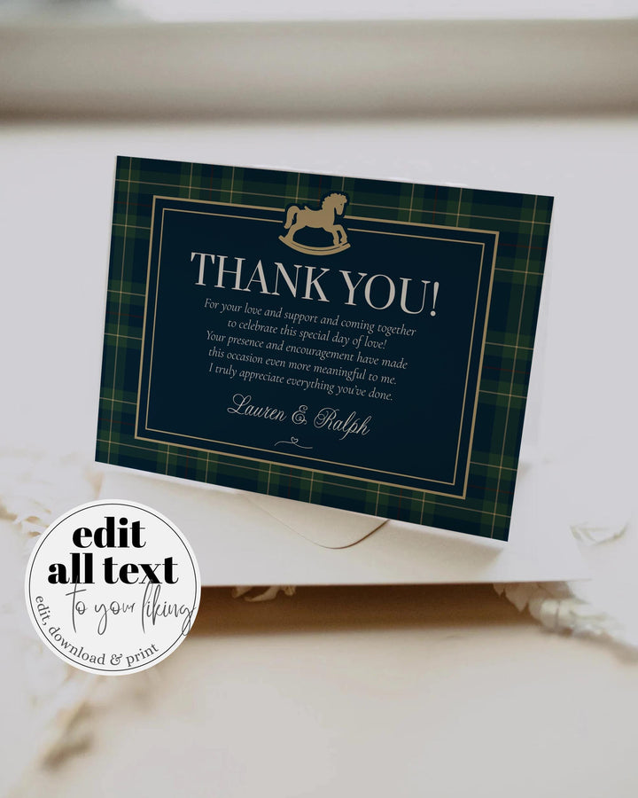 Polo Baby Shower Thank You Card Template, Vintage Navy Green Gold Rocking Horse Flat or Tented Card #068rl - TheLovebirdsDesign