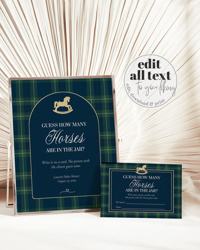 Polo Baby Shower Guess How Many Horses Game, Navy Green Gold Rocking Horse Sign and Card #068rl - TheLovebirdsDesign