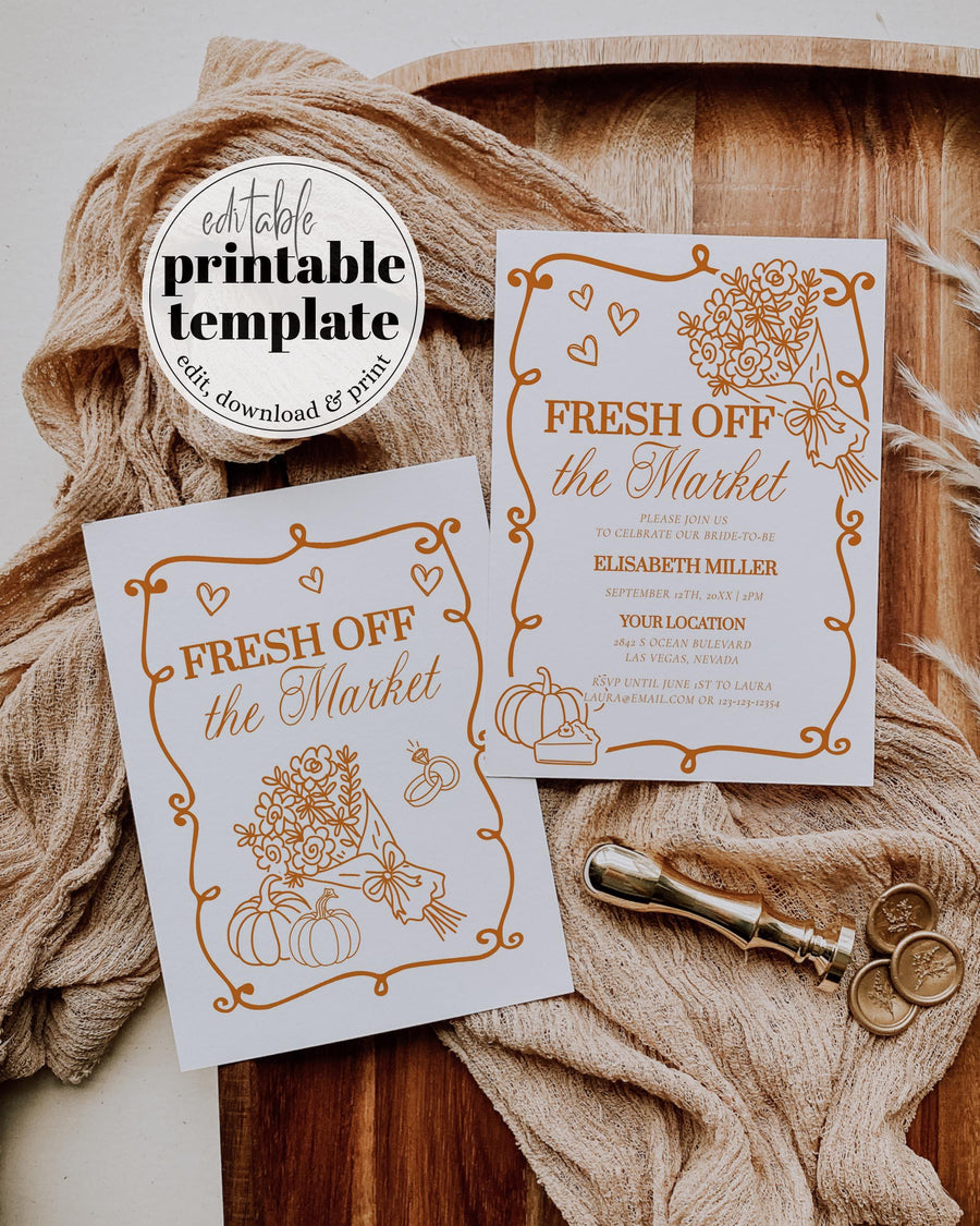 Farmers Market Bridal Shower Invitation Template, Pumpkin Floral Fall Shower Invite 070FR-BRSINV - marryful.org