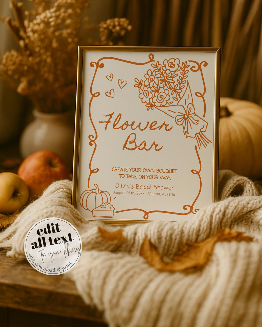 Pumpkin Flower Bar Sign Template, Doodle Bridal Shower Flower Bouquet 070FR-FLBAME - marryful.org