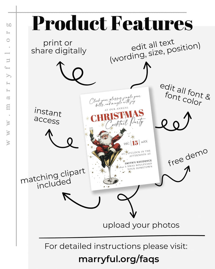 Santa Christmas Cocktail Party Invitation, Drunk Santa Martini Retro Holiday Invite Template #072 - TheLovebirdsDesign