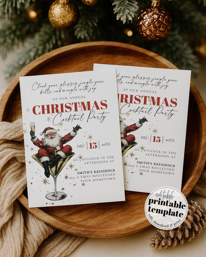 Santa Christmas Cocktail Party Invitation, Drunk Santa Martini Retro Holiday Invite Template #072 - TheLovebirdsDesign