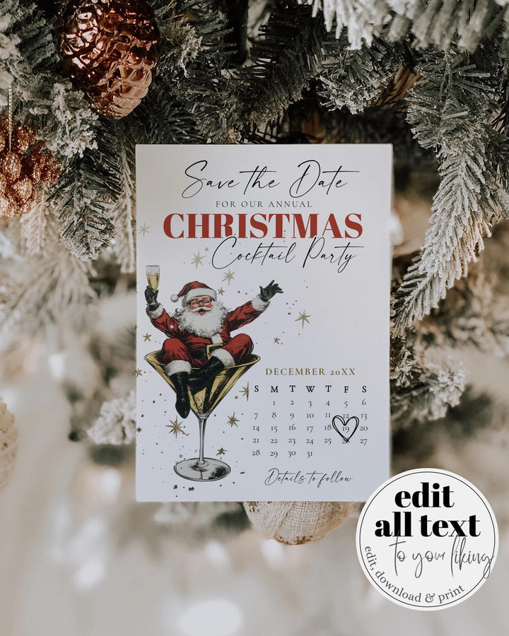 Santa Christmas Cocktail Party Save the Date Template, Retro Holiday Martini Theme #072 - TheLovebirdsDesign