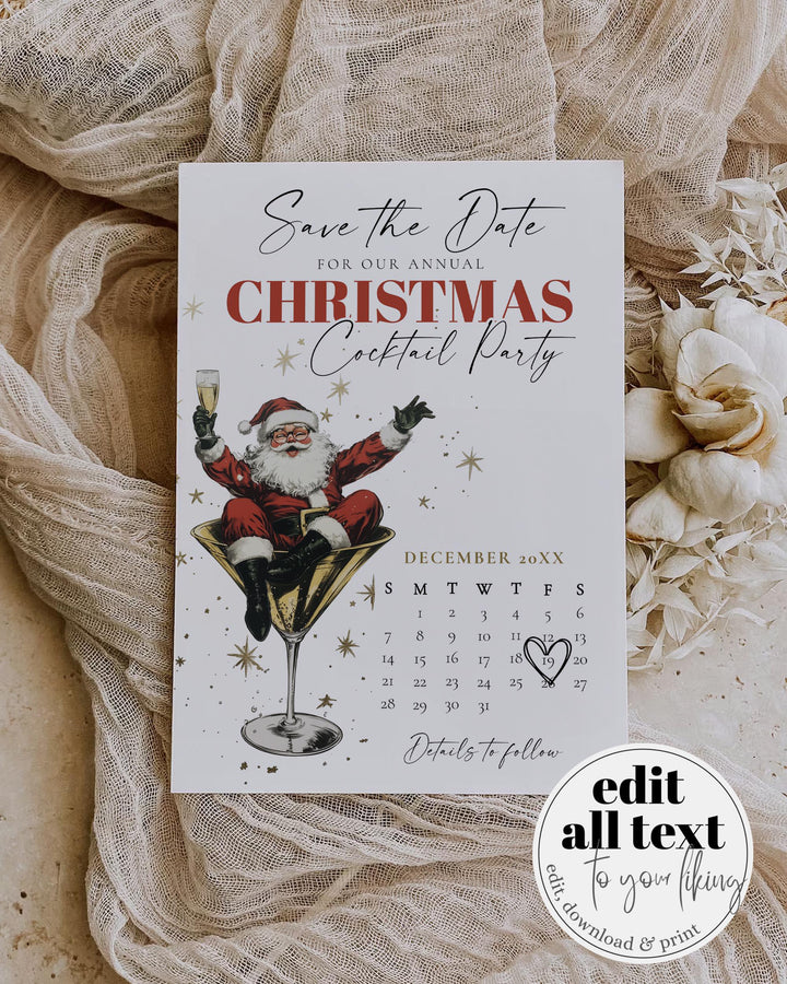Santa Christmas Cocktail Party Save the Date Template, Retro Holiday Martini Theme #072 - TheLovebirdsDesign