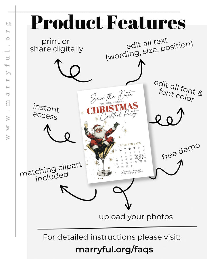 Santa Christmas Cocktail Party Save the Date Template, Retro Holiday Martini Theme #072 - TheLovebirdsDesign