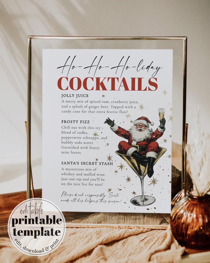 Santa Christmas Cocktail Bar Menu Sign Template, Retro Holiday Martini Party Sign #072 - TheLovebirdsDesign