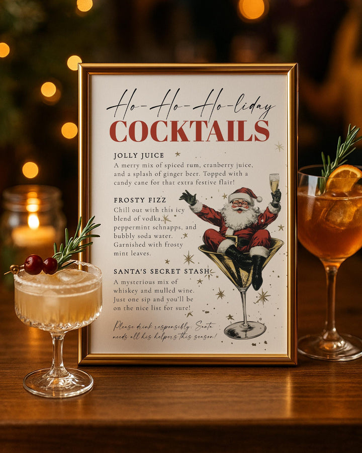 Santa Christmas Cocktail Bar Menu Sign Template, Retro Holiday Martini Party Sign #072 - TheLovebirdsDesign