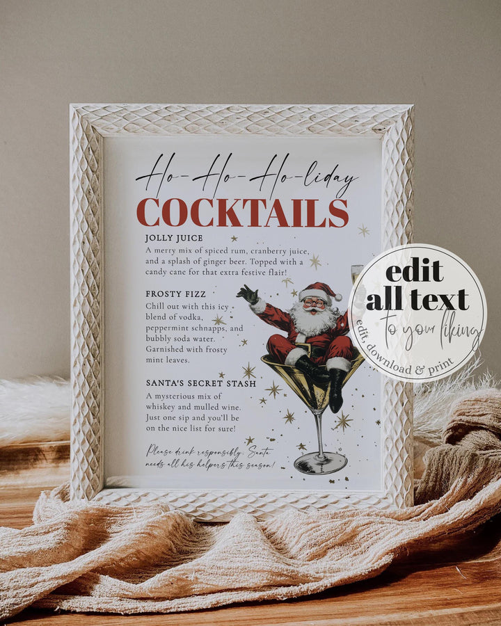 Santa Christmas Cocktail Bar Menu Sign Template, Retro Holiday Martini Party Sign #072 - TheLovebirdsDesign