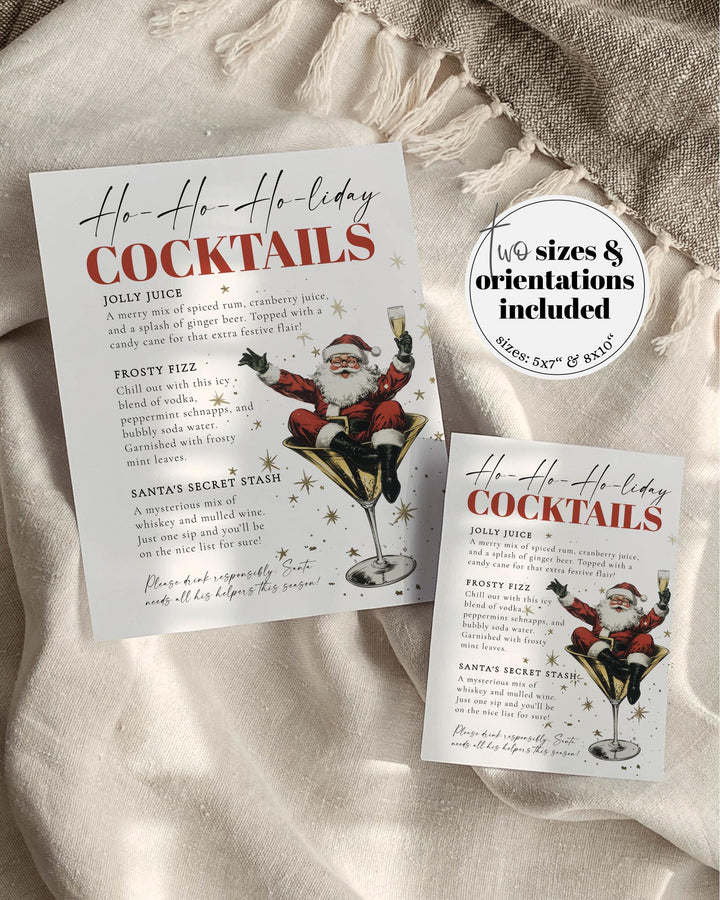 Santa Christmas Cocktail Bar Menu Sign Template, Retro Holiday Martini Party Sign #072 - TheLovebirdsDesign