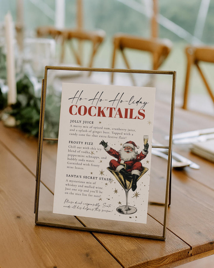 Santa Christmas Cocktail Bar Menu Sign Template, Retro Holiday Martini Party Sign #072 - TheLovebirdsDesign