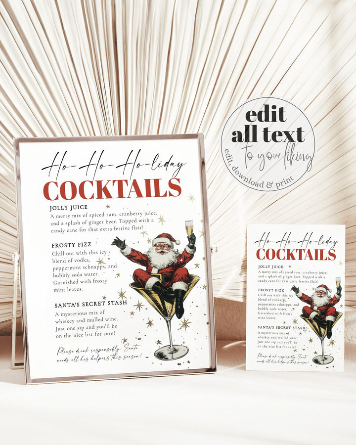 Santa Christmas Cocktail Bar Menu Sign Template, Retro Holiday Martini Party Sign #072 - TheLovebirdsDesign