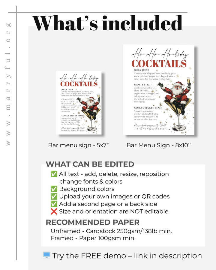 Santa Christmas Cocktail Bar Menu Sign Template, Retro Holiday Martini Party Sign #072 - TheLovebirdsDesign