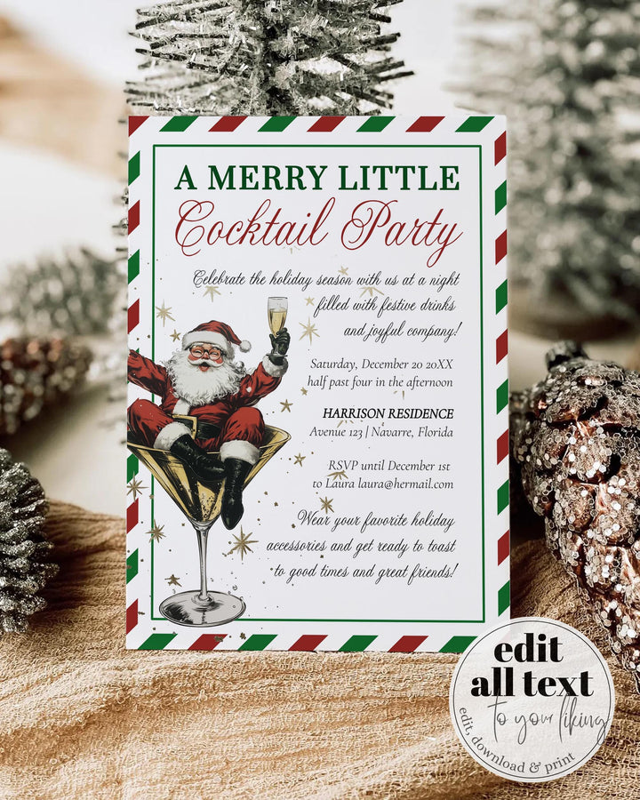 Retro Santa Christmas Cocktail Party Invitation, Funny Holiday Martini Theme #072 - TheLovebirdsDesign