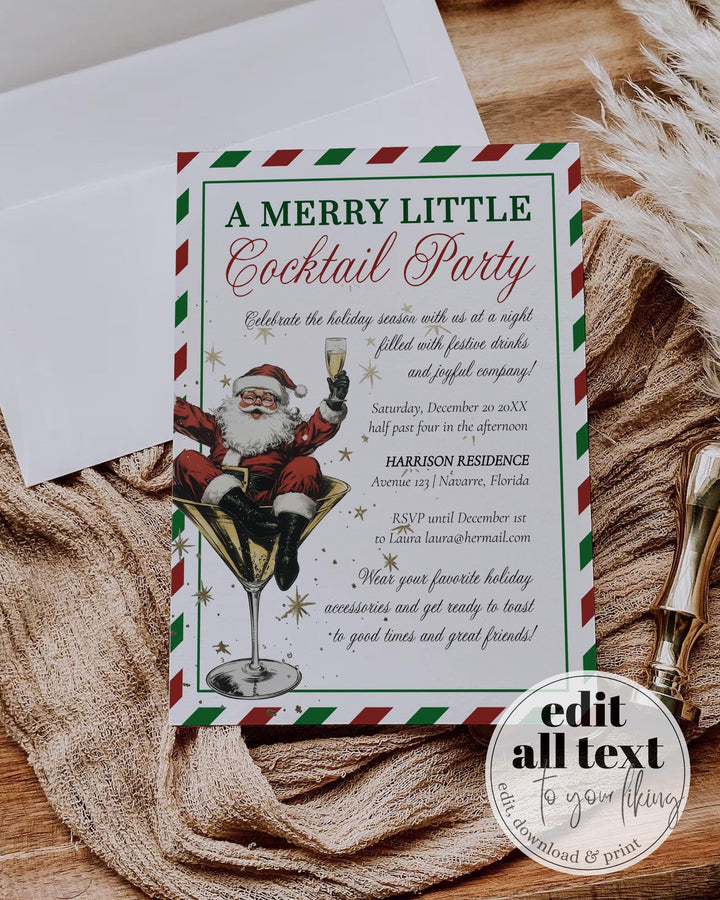 Retro Santa Christmas Cocktail Party Invitation, Funny Holiday Martini Theme #072 - TheLovebirdsDesign