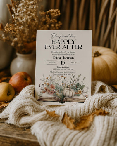 Storybook Pumpkin Bridal Shower Invitation Template, Fall Book Theme Shower Invite 077FA-BRINV - marryful.org