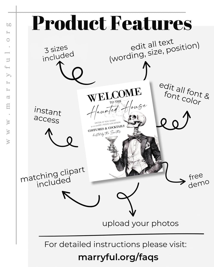 Vintage Gothic Halloween Welcome Sign, Elegant Skeleton Party Entrance Decor, Editable Template #072 - TheLovebirdsDesign