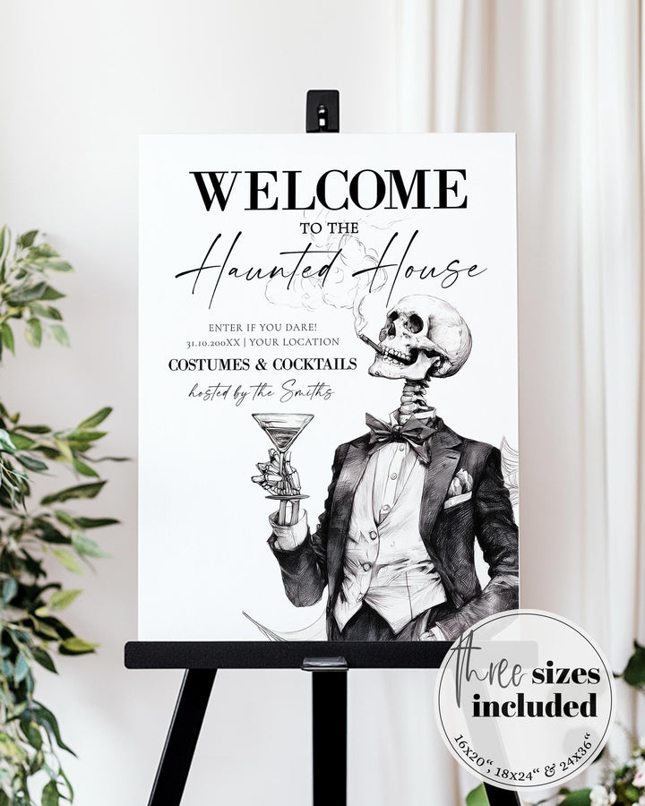 Vintage Gothic Halloween Welcome Sign, Elegant Skeleton Party Entrance Decor, Editable Template #072 - TheLovebirdsDesign