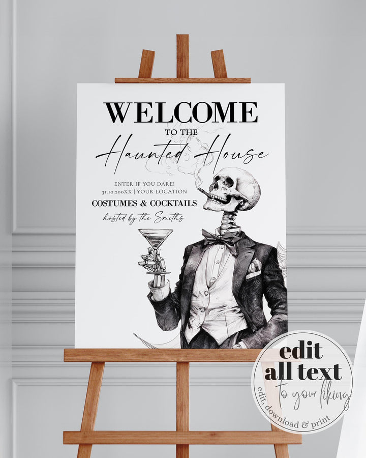 Vintage Gothic Halloween Welcome Sign, Elegant Skeleton Party Entrance Decor, Editable Template #072 - TheLovebirdsDesign