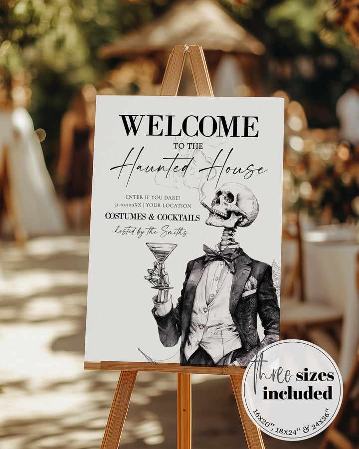 Vintage Gothic Halloween Welcome Sign, Elegant Skeleton Party Entrance Decor, Editable Template #072 - TheLovebirdsDesign