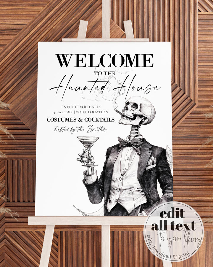 Vintage Gothic Halloween Welcome Sign, Elegant Skeleton Party Entrance Decor, Editable Template #072 - TheLovebirdsDesign