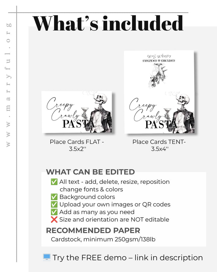 Gothic Halloween Food & Drink Labels, Vintage Skeleton Place Cards, Editable Buffet Tags Printable #072 - TheLovebirdsDesign