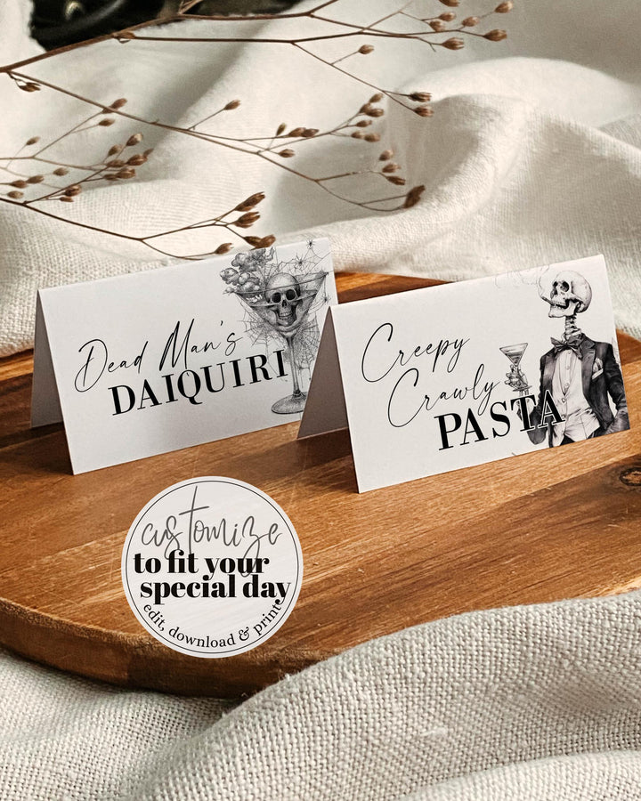 Gothic Halloween Food & Drink Labels, Vintage Skeleton Place Cards, Editable Buffet Tags Printable #072 - TheLovebirdsDesign