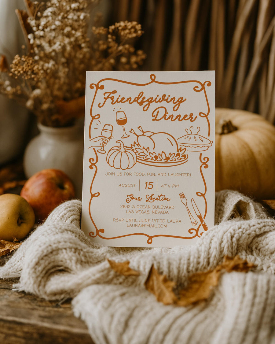 Custom Friends Thanksgiving Invite Template Whimsical Handwritten Pumpkin Potluck Editable Invitation 070FR-INV - marryful.org
