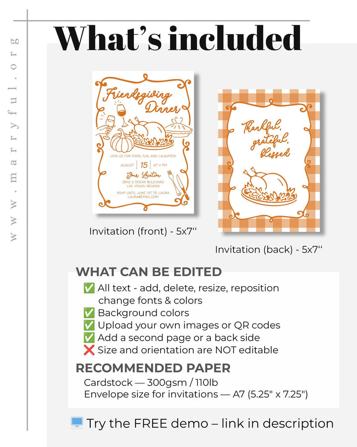 Custom Friends Thanksgiving Invite Template Whimsical Handwritten Pumpkin Potluck Editable Invitation #070 - TheLovebirdsDesign