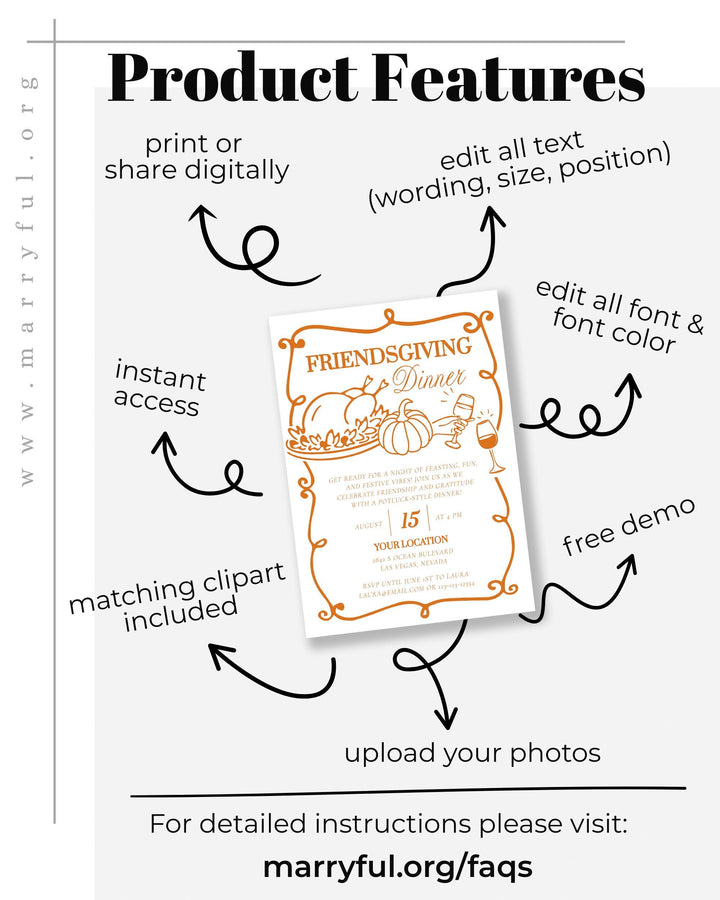 Fall Friendsgiving Dinner Invitation Template Editable Printable Autumn Holiday Invite Card #070 - TheLovebirdsDesign