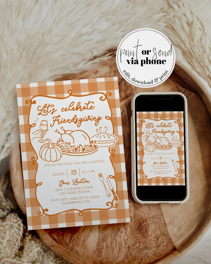 Whimsical Friendsgiving Dinner Invitation Template Customizable Thanksgiving Potluck Printable Invite #070 - TheLovebirdsDesign