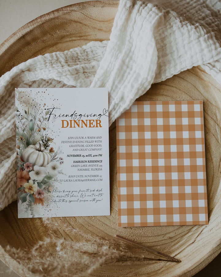 Editable Friendsgiving Invitation Template Printable Pumpkin Fall Florals Dinner Invite #081 - TheLovebirdsDesign