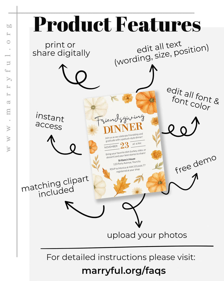 Autumn Pumpkin Friendsgiving Invite Editable Holiday Dinner Party Template #072 - TheLovebirdsDesign