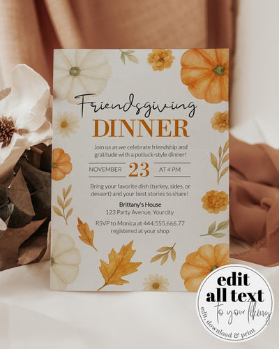 Autumn Pumpkin Friendsgiving Invite Editable Holiday Dinner Party Template #072 - TheLovebirdsDesign