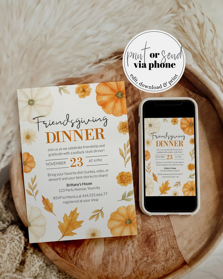 Autumn Pumpkin Friendsgiving Invite Editable Holiday Dinner Party Template #072 - TheLovebirdsDesign