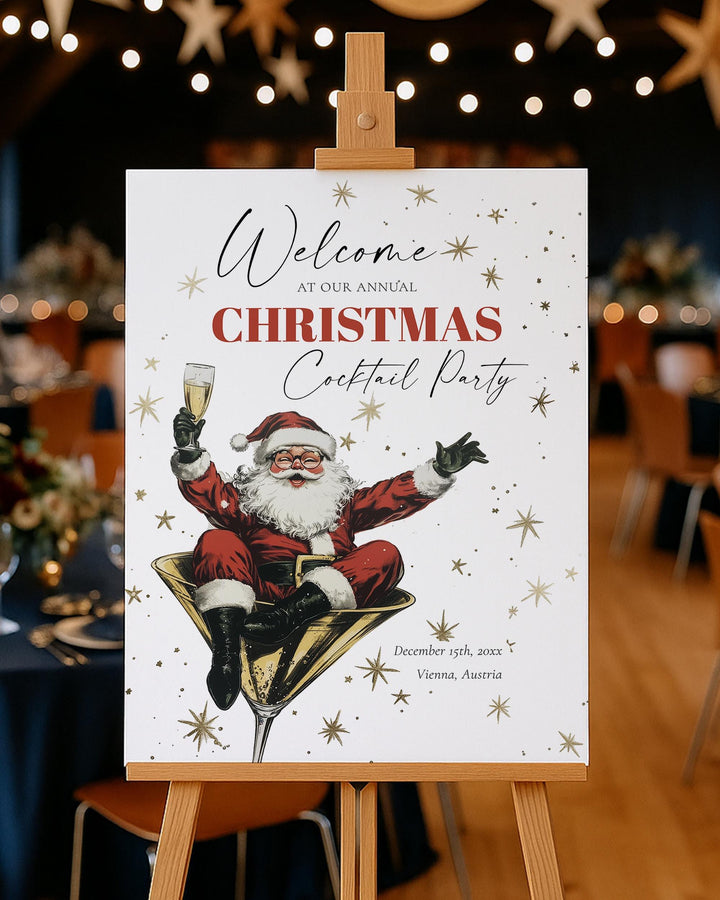 Retro Santa Cocktail Party Welcome Sign Template, Vintage Christmas Holiday Bar Sign Printable #072 - TheLovebirdsDesign