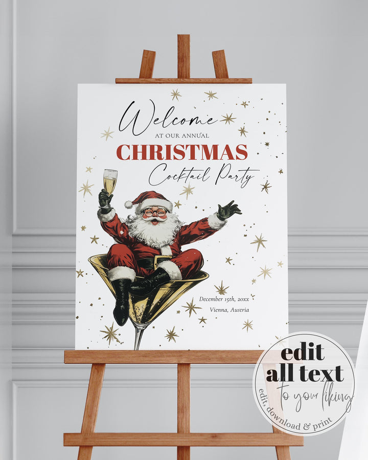 Retro Santa Cocktail Party Welcome Sign Template, Vintage Christmas Holiday Bar Sign Printable #072 - TheLovebirdsDesign