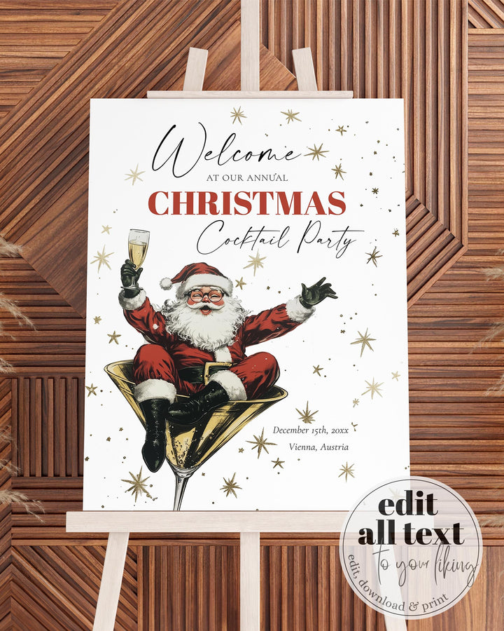Retro Santa Cocktail Party Welcome Sign Template, Vintage Christmas Holiday Bar Sign Printable #072 - TheLovebirdsDesign
