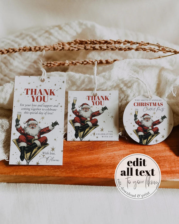 Retro Santa Christmas Tags Template, Holiday Stickers Cupcake Toppers or Gift Labels Printable #072 - TheLovebirdsDesign