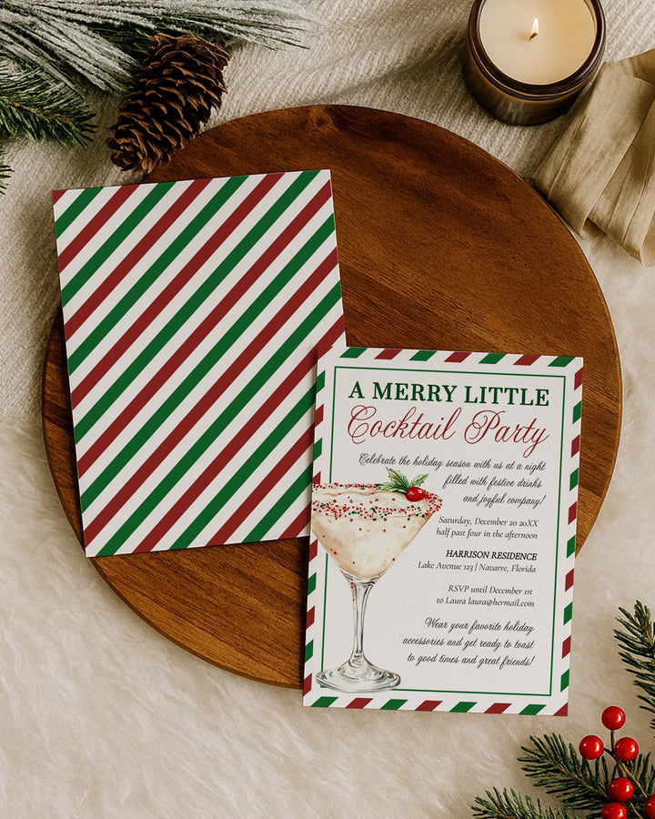 Festive Holiday Cocktail Party Invitation Template – Red & Green Stripes Featuring Winter Martini #072 - TheLovebirdsDesign