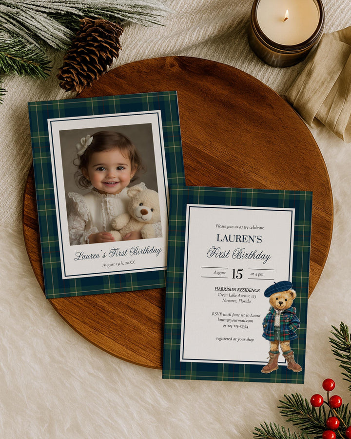 Girl's 1st Birthday Invitation Template Editable Teddy Bear Vintage Plaid Polo Theme Printable #068rl - TheLovebirdsDesign