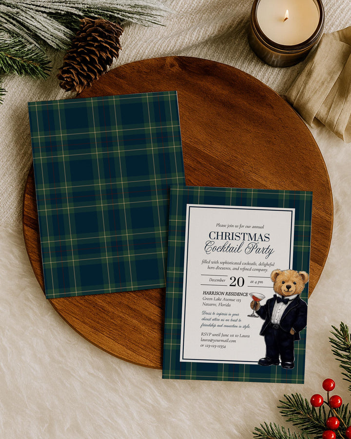Vintage Christmas Cocktail Invite Template - Editable Tuxedo Bear Martini Glass Holiday Party Printable #068rl - TheLovebirdsDesign