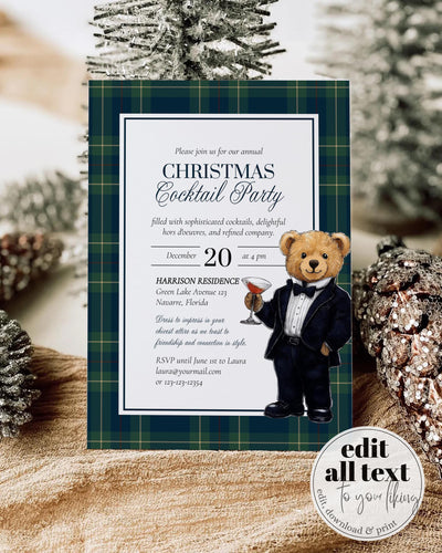 Vintage Christmas Cocktail Invite Template - Editable Tuxedo Bear Martini Glass Holiday Party Printable #068rl - TheLovebirdsDesign