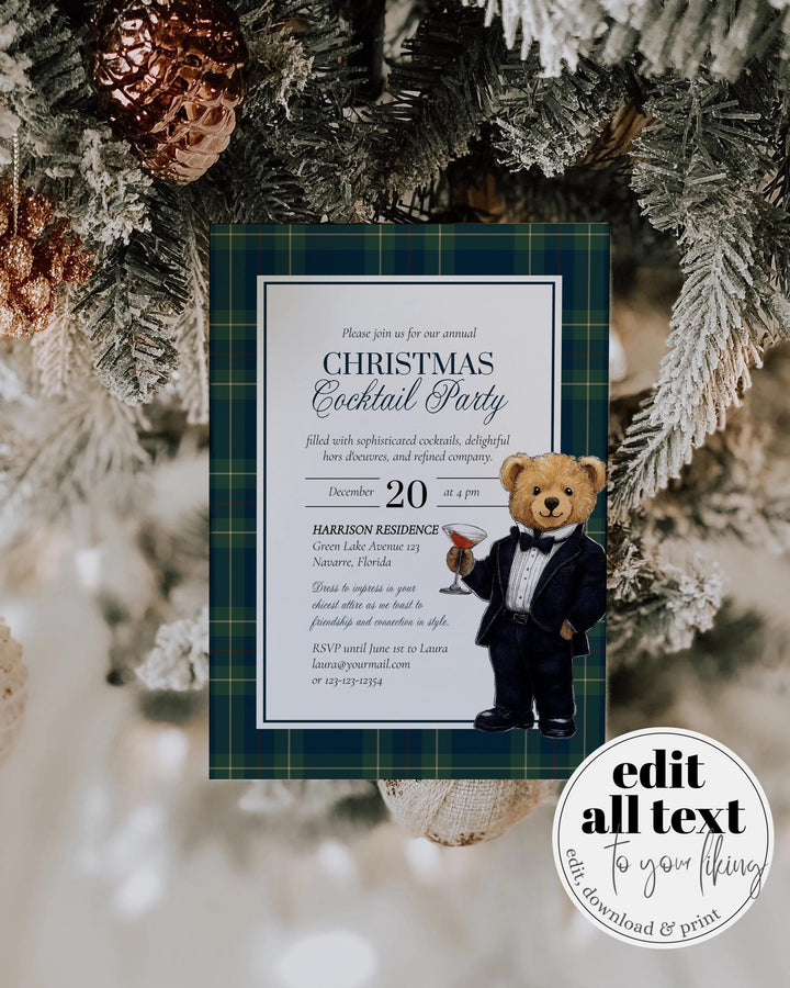 Vintage Christmas Cocktail Invite Template - Editable Tuxedo Bear Martini Glass Holiday Party Printable #068rl - TheLovebirdsDesign