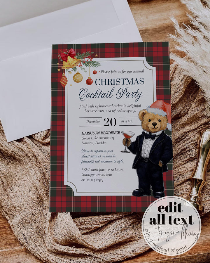 Christmas Cocktail Party Invitation Template with editable Tuxedo Bear Martini Glass Vintage Holiday Party Printable #068ch - TheLovebirdsDesign
