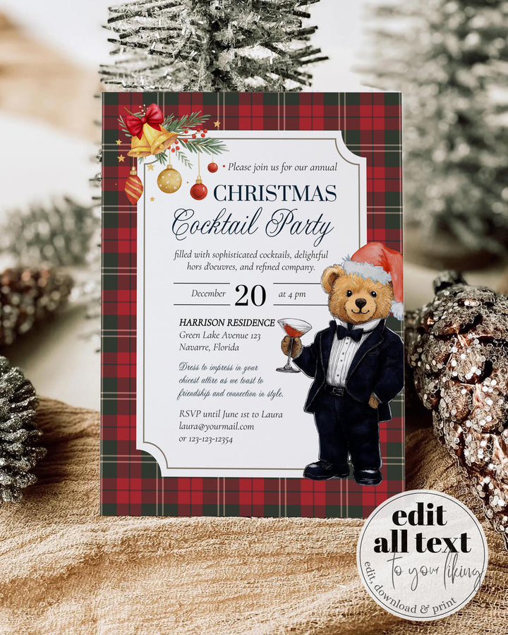 Christmas Cocktail Party Invitation Template with editable Tuxedo Bear Martini Glass Vintage Holiday Party Printable #068ch - TheLovebirdsDesign
