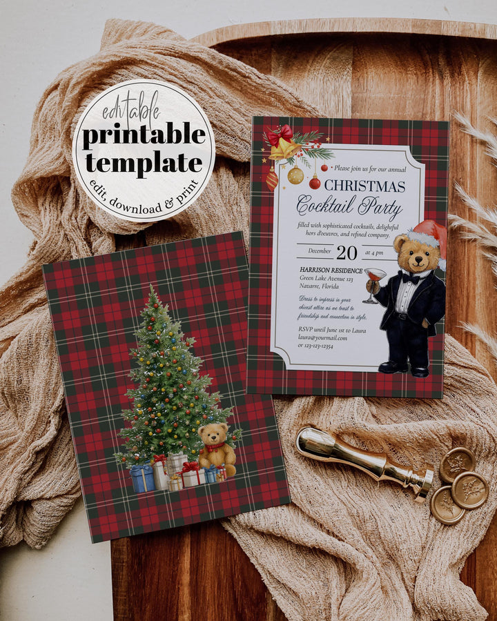 Christmas Cocktail Party Invitation Template with editable Tuxedo Bear Martini Glass Vintage Holiday Party Printable #068ch - TheLovebirdsDesign