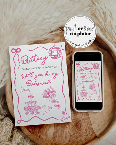 Bright Pink Orange Bridesmaid Proposal Card Template, Funky Doodle Info Card Editable 070PW-BRPRCA - marryful.org